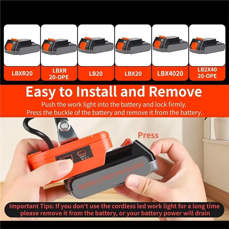 Y50A-Led Light For BLACK+ DECKER 20V Max Battery 8 Inch Spotlight Outdoor Work Fishing Light Handheld Emergency Tool Lamp