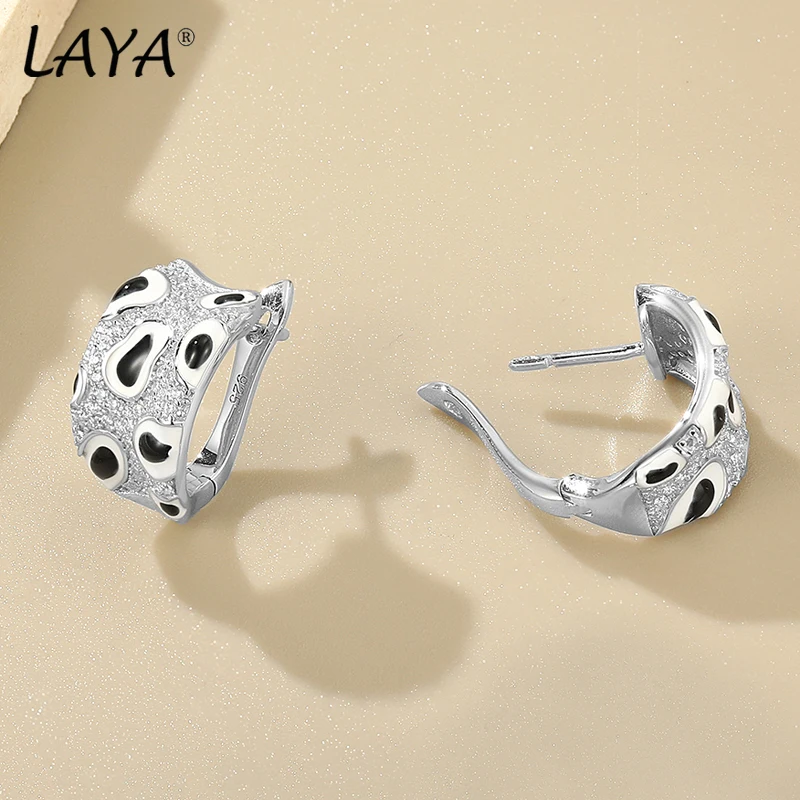 LAYA 925 Sterling Silver Earrings For Women Minimalist Leopard Print Sparkling Zircon Handmade Enamel Piercing Ear Fine Jewelry