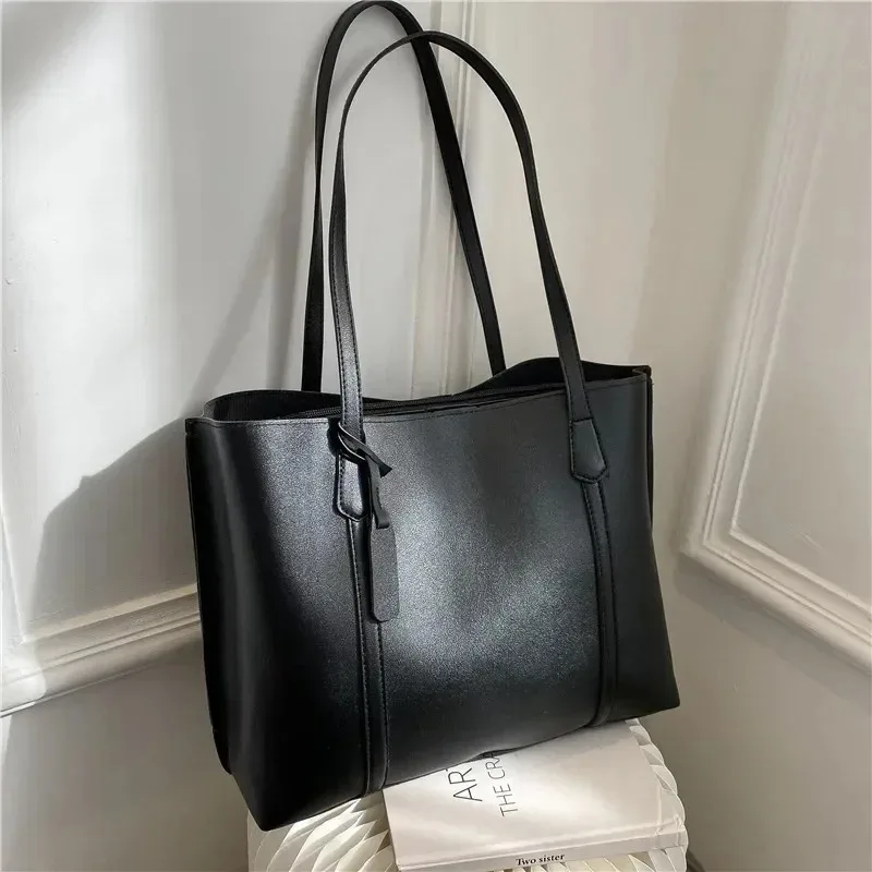 New Trend Retro Solid Color PU Leather Underarm Bag Simple Women Large Capacity Bag Shopping Travel Elegant Unisex Tote Bags