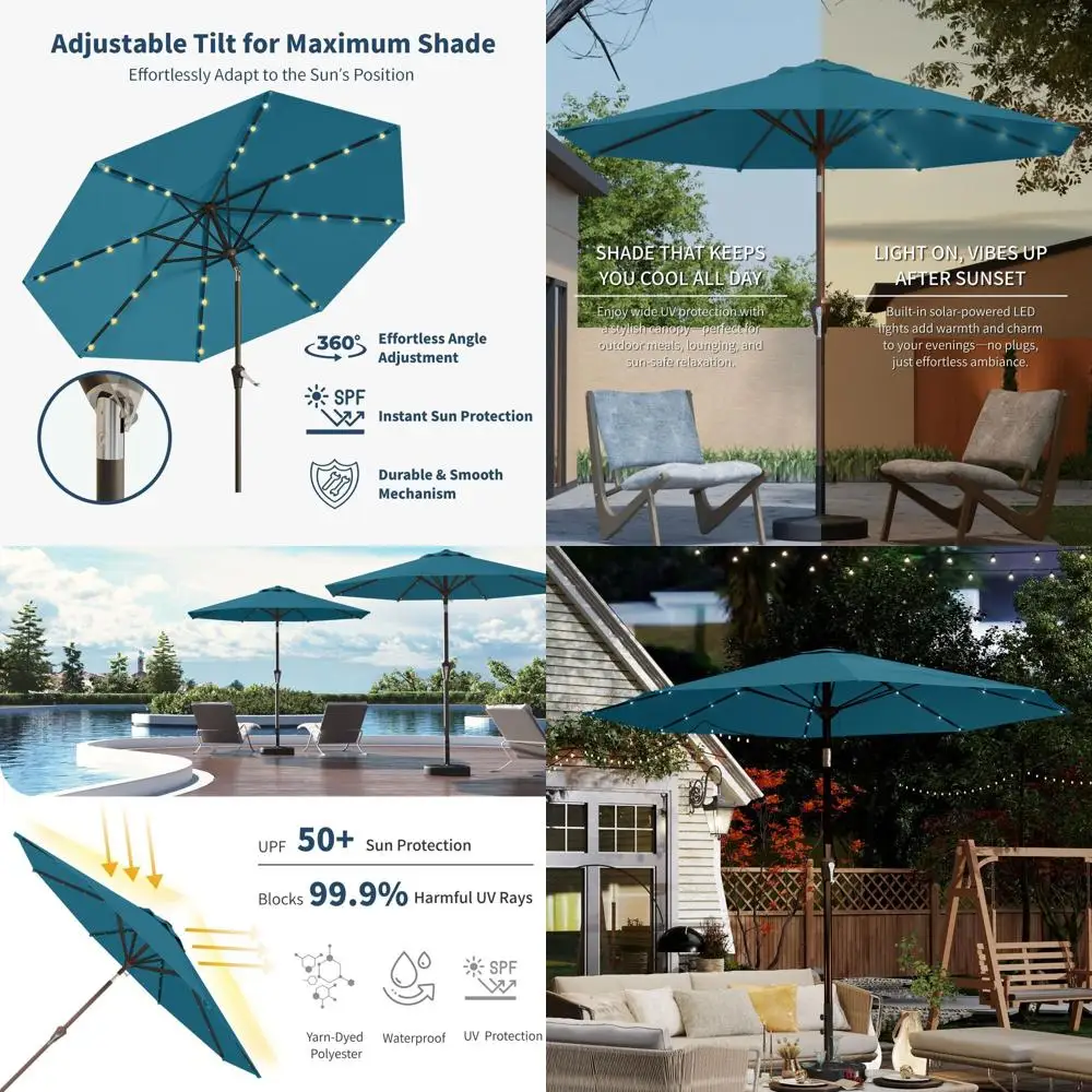 

32 LED Lighted 10FT Tilt & Crank Solar Umbrella, UV-Resistant Patio Umbrella, Ideal for Outdoor Pool, Garden, Deck in Lake Blue