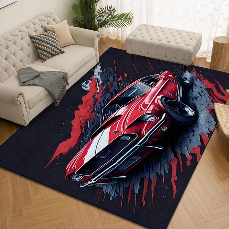Red Black Sports Car Smoke Print Large Area Rug Soft Flannel Non Slip Floor Carpet for Boys Room Living Room Game Room Decor