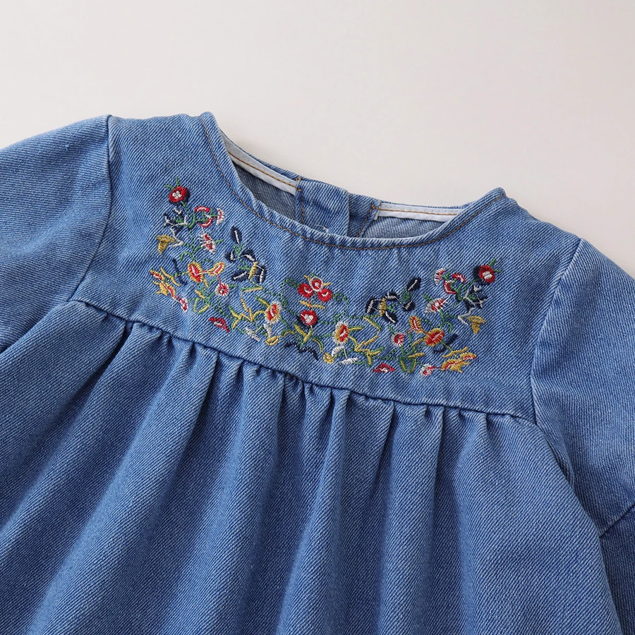 2025 Autumn Spring New in Kids Baby Girls Embroidery Flower Denim Clothing ,toddler Children Full Sleeve Knee-length Dresses
