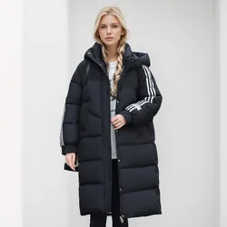 2024 Winter Korean Version Mid length Knee Length Student Pure Black Reflective Stripe White Duck Down Cotton Coat Female Trend