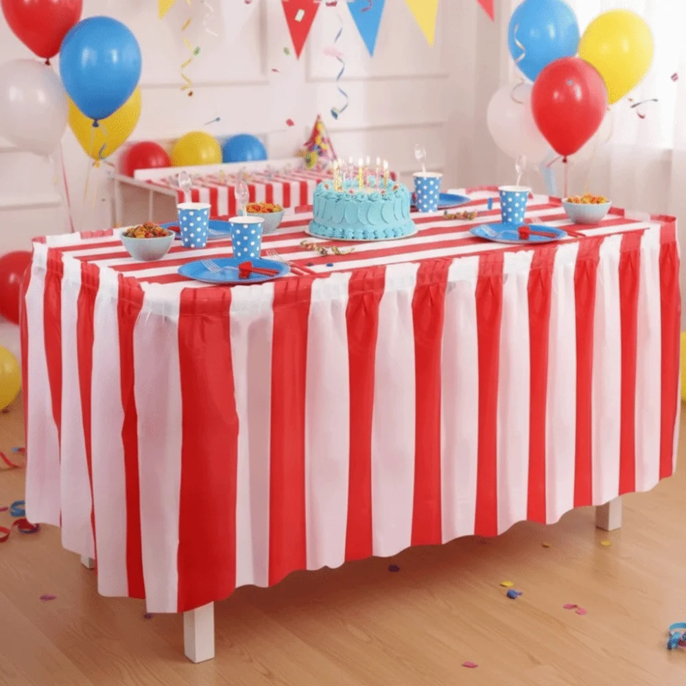 Elastic Red and White Striped Table Skirt Set Waterproof Oil-resistant Disposable Table Skirt Stain-resistant Plastic