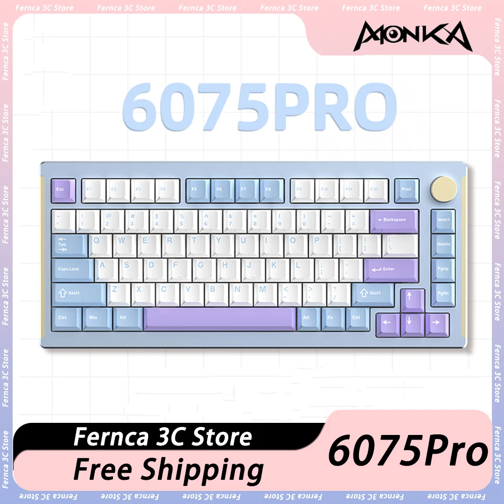 

MONKA 6075Pro Mechanical Keyboard Aluminium Alloy Tri Mode Wireless With Knob Gaming Keyboard 82 Keys RGB Gasket Hot Swap Gamer