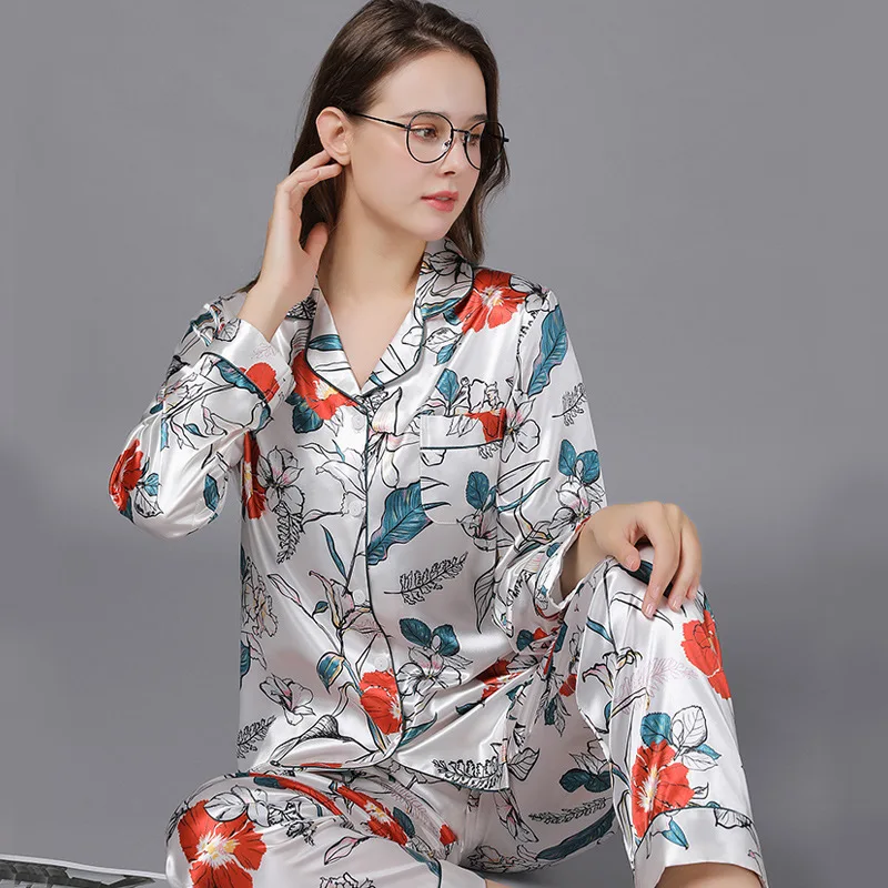New Women's Long Sleeve Pants Spring Autumn Pajamas Set Thin Loungewear for Wholesale XXL Size Soft Floral Printed Cozy Thin