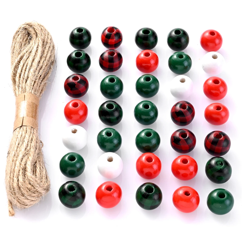 16mm 100Pcs Christmas Mixed Wooden Round Beads Set with Jute Rope for DIY Garland Xmas Home Decor Craft Jewelry Making Supplies