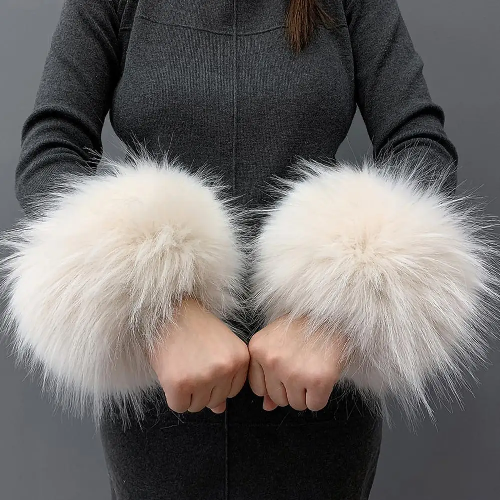 Women Cuffs Winter Warmer Fluffy Wristbands Pure Color Windproof Wrist Sleeve Fashion Faux Fur Female Elastic Oversleeve