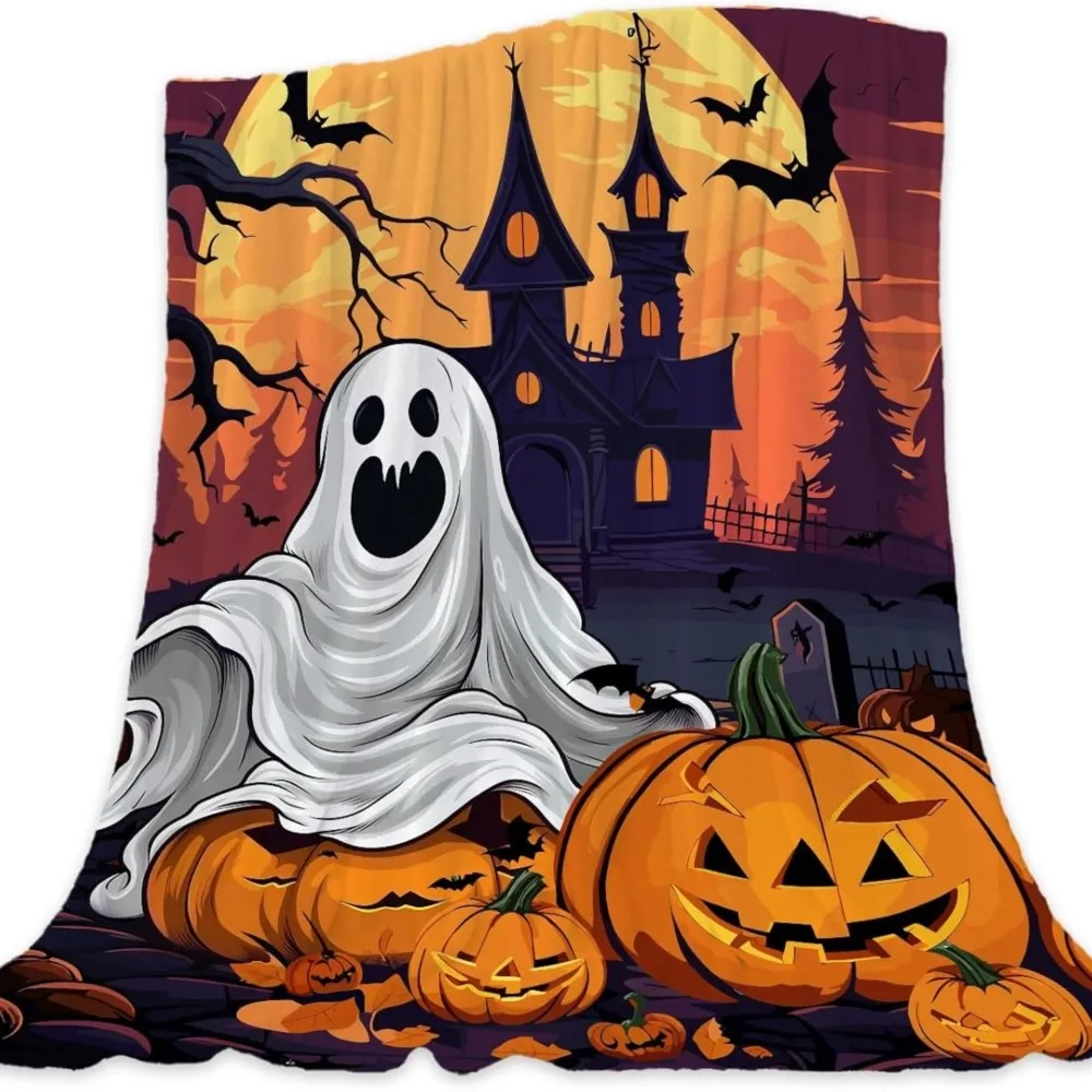 1PC Halloween Throw Blanket Ghost Pumpkin Skull Castle Bats Cat Thin Blanket Gifts for Couch Bed Car Home Camping all season use