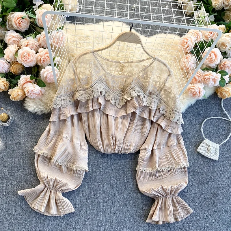 

French Mesh Splice Blouse Women Elegant Solid Puff Sleeve Lace Ruffles Blouses Autumn Casual Loose Streetwear Tops