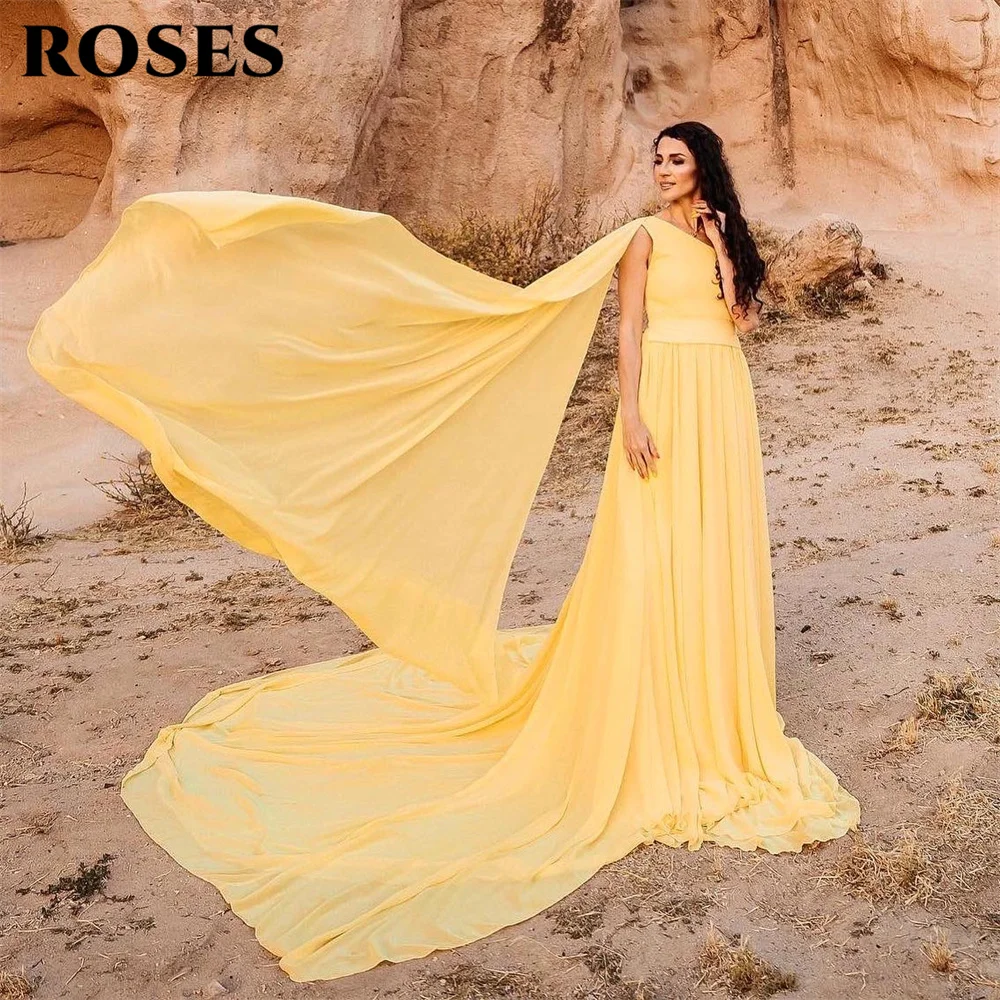 

ROSES Yellow Chiffion Prom Dress One Shoulder Party Dresses With Long Train Celebrity Gowns Wedding Party Dress вечерние платья