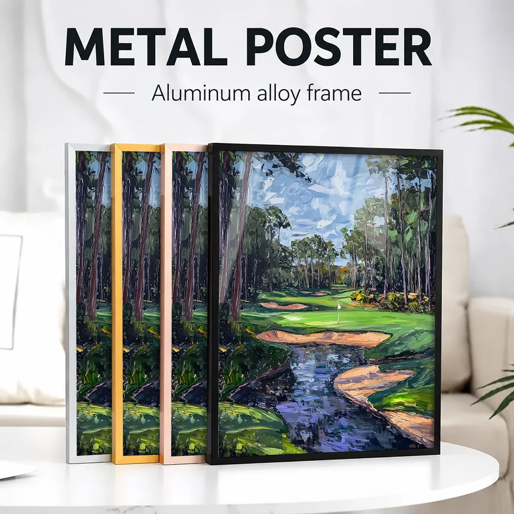 Golf Course Landscape Framed Metal Print Customized Photo Traditional Graphic Style Wall Art For Living Room Sports Lover Gift