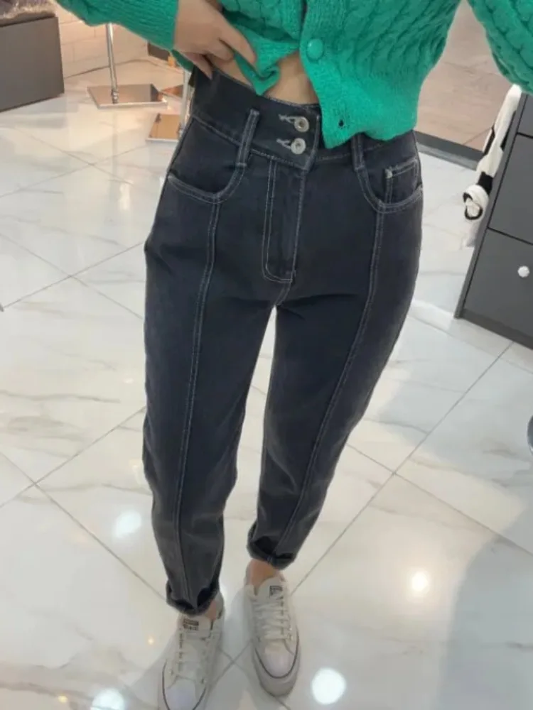 

Шикарные джинсовые брюки Sakura с высокой талией и розовой талией, женские длинные брюки, весна-осень-зима, комплект с двумя пуговицами