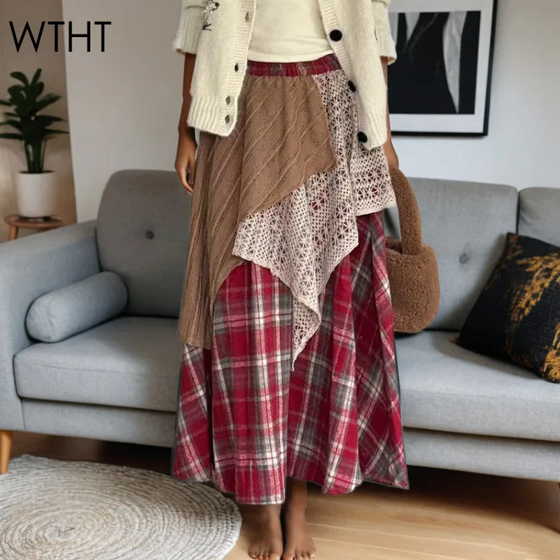 

WTHT New Trendy Women's Spliced Irregular Plaid Design Long Skirts 2024 Autumn Fashion High Waist A-line Skirt Female 1LS258