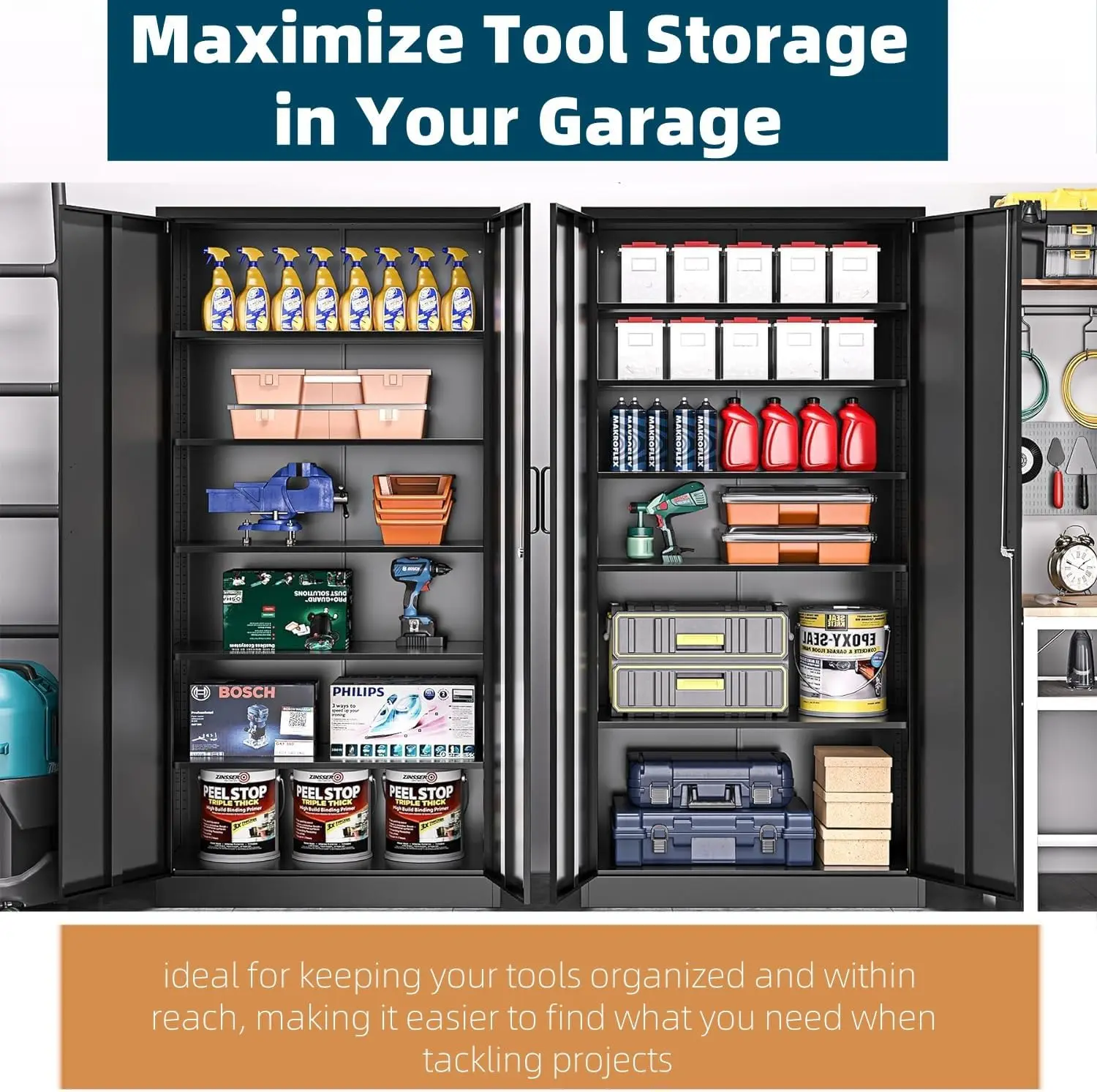 Étagères de cabine de rangement en acier, portes d'armoire à étagères de garage, armoire à outils pour le stockage de garage