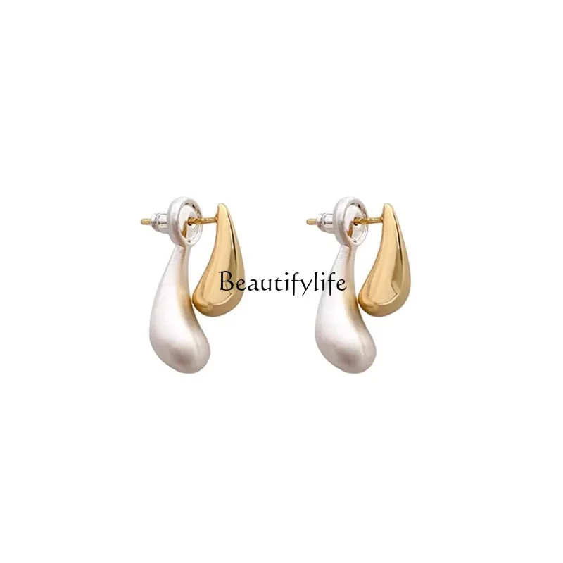 

Light luxury unique niche two-color splicing water drop earrings design sense exquisite personality