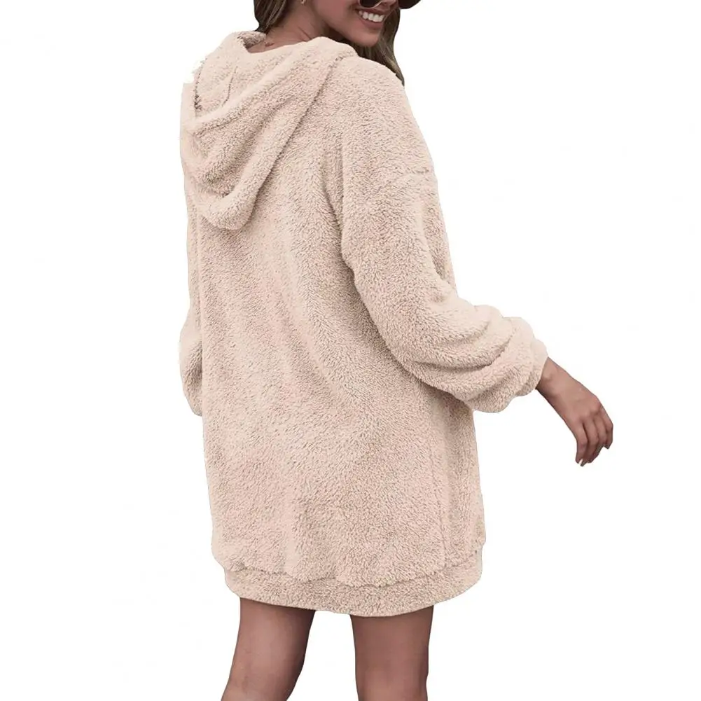 Women Loose Fleece Sweatshirt Dress Autumn Hoody Long Sleeve Pocket Homewear Warm Velvet Baggy Dresses Casual Mid Length Top