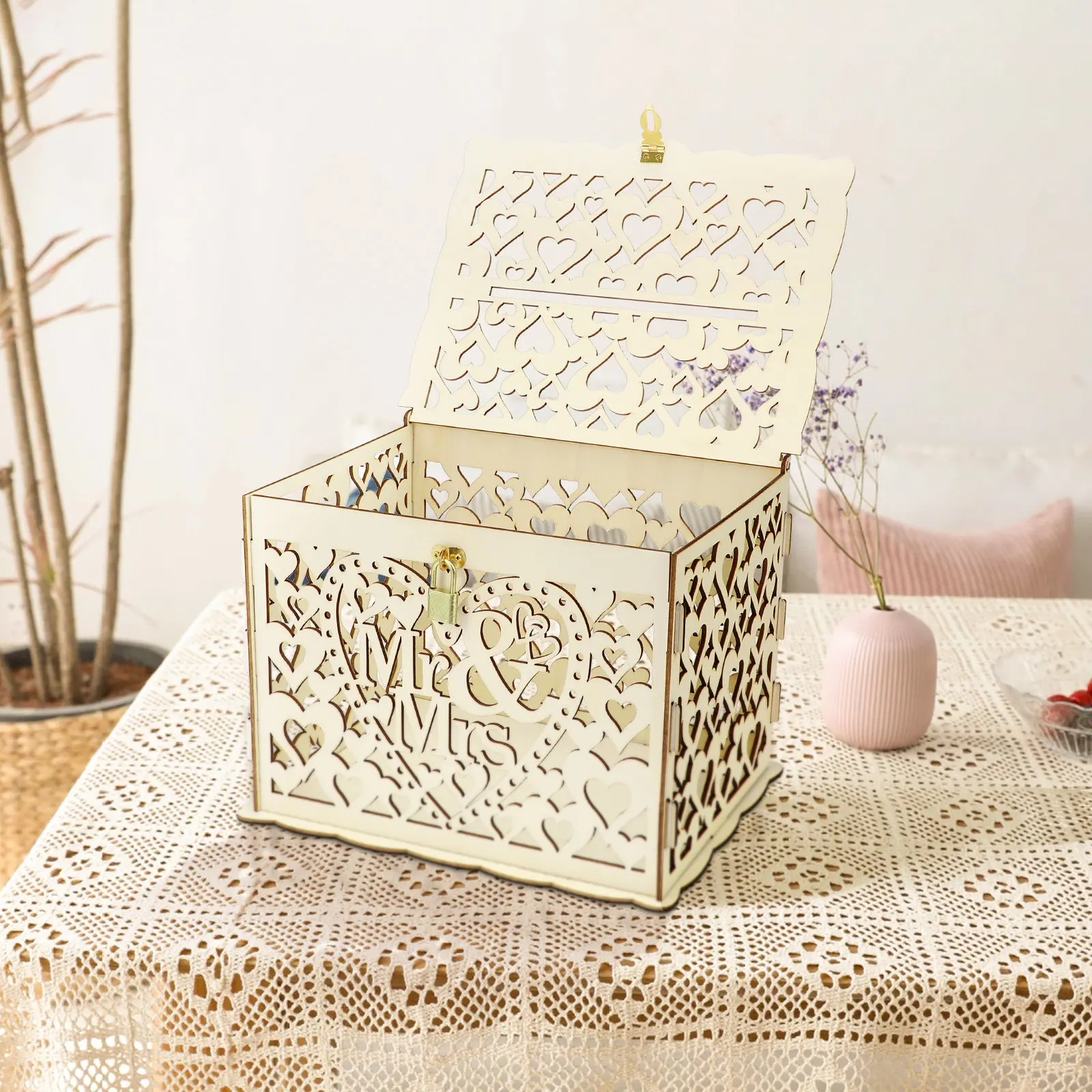 

Mr Mrs Wood Wedding Box Small Size Hollow Out Love Card Storage Box for Wedding Party Gathering Lock DIY Handmade Favor