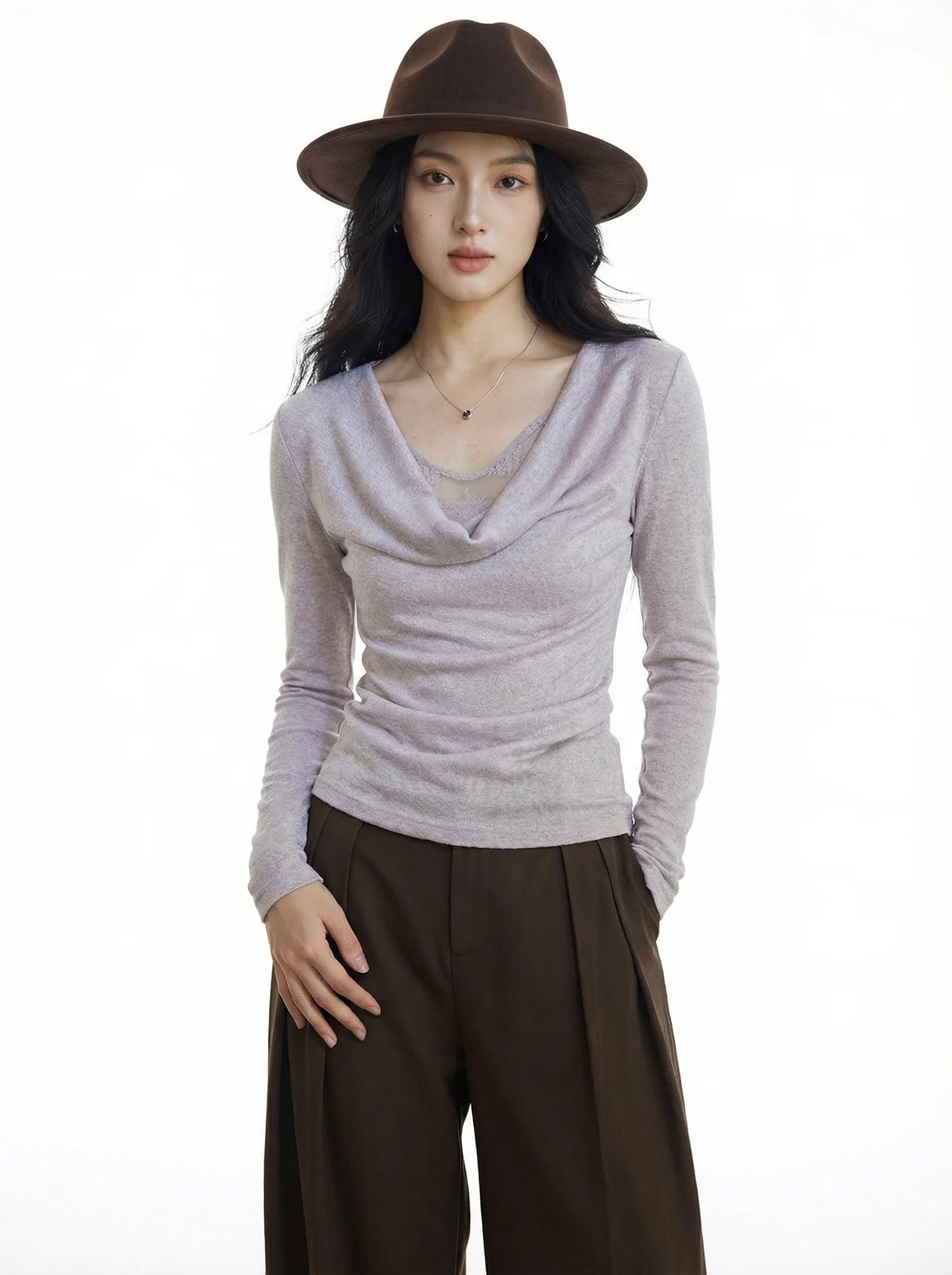 

Slim Fit Knitwear Women's Long Sve Lace Collar Loose Sle Faionable Ele Casual High nce Sensation T-irt