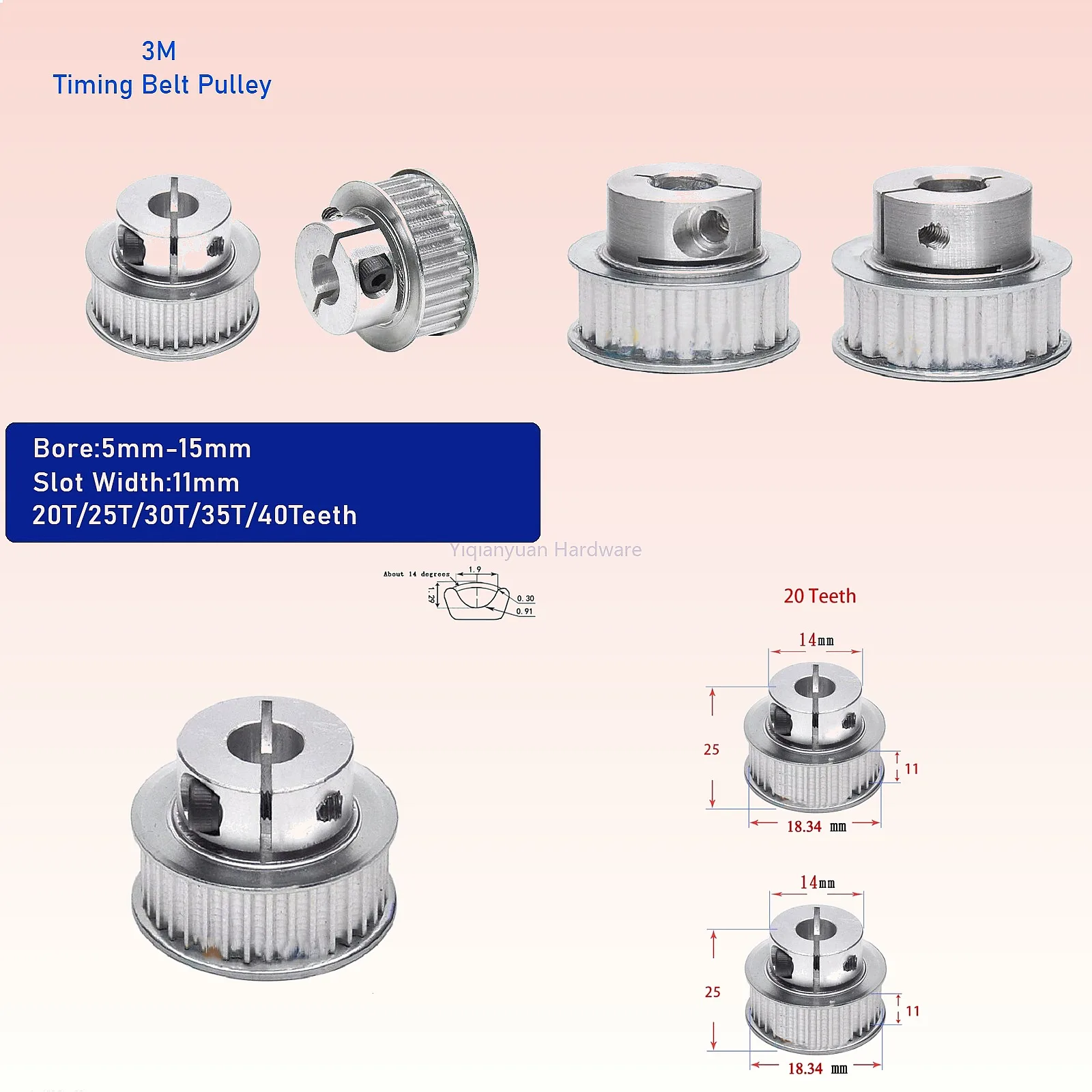 

Yiqianyuan 1Piece 20T-40Teeth 3M Clamping Timing Pulley Bore 5-15mm Slot 11mm for 10mm Belt CNC Stepper Motor