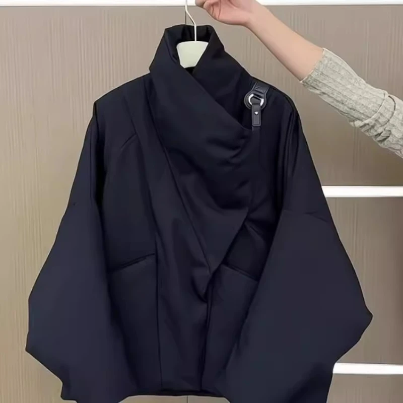 

2025 New Cotton-Padded Jacket Black Stand Collar Irregular Coat Women's Winter Thickened Warm Fashion Street Parkas Outwear