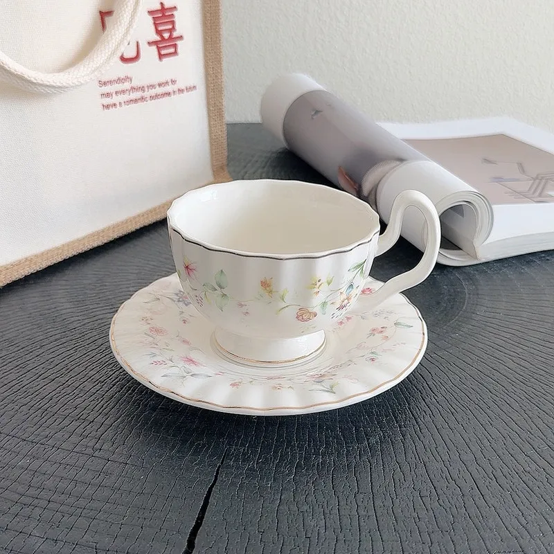 Gold-drawing Floral Print Coffee Cup Dish Set New 200ml High Aesthetic French Style Vintage Mugs Afternoon Tea Dessert Dish