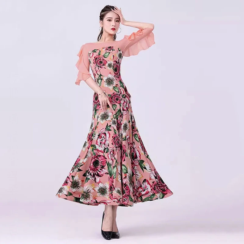 Women Ballroom Dress Clothes 2023 New Ruffle Sleeve Pink Waltz Costumes Chiffon High-end Party Modern Dance Competition Dresses