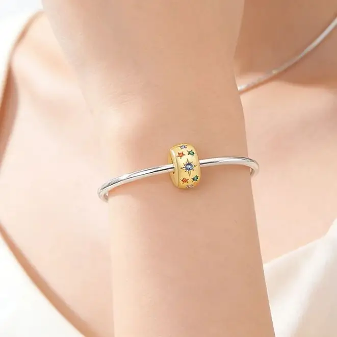 

Hot Sales 925 Sterling Silver Colorful Star Golden Charm Bead CZ Zircon Dangle Fit Original Bracelet DIY For Women Jewelry Gifts