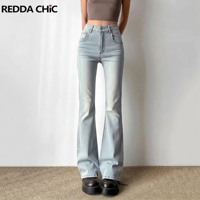 REDDACHiC High Rise Jeans for Women Korea Solid Cleanfit Distressed Skinny Stretchy Bell Bottoms Minimalist Office Everyday Wear