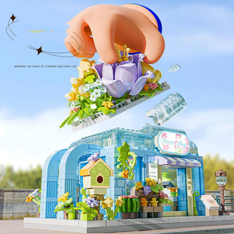 Idée Nanobrick Street View fleuriste café Micro bloc de diamant magasin de fleurs café maison Architecture construction brique jouet pour cadeaux