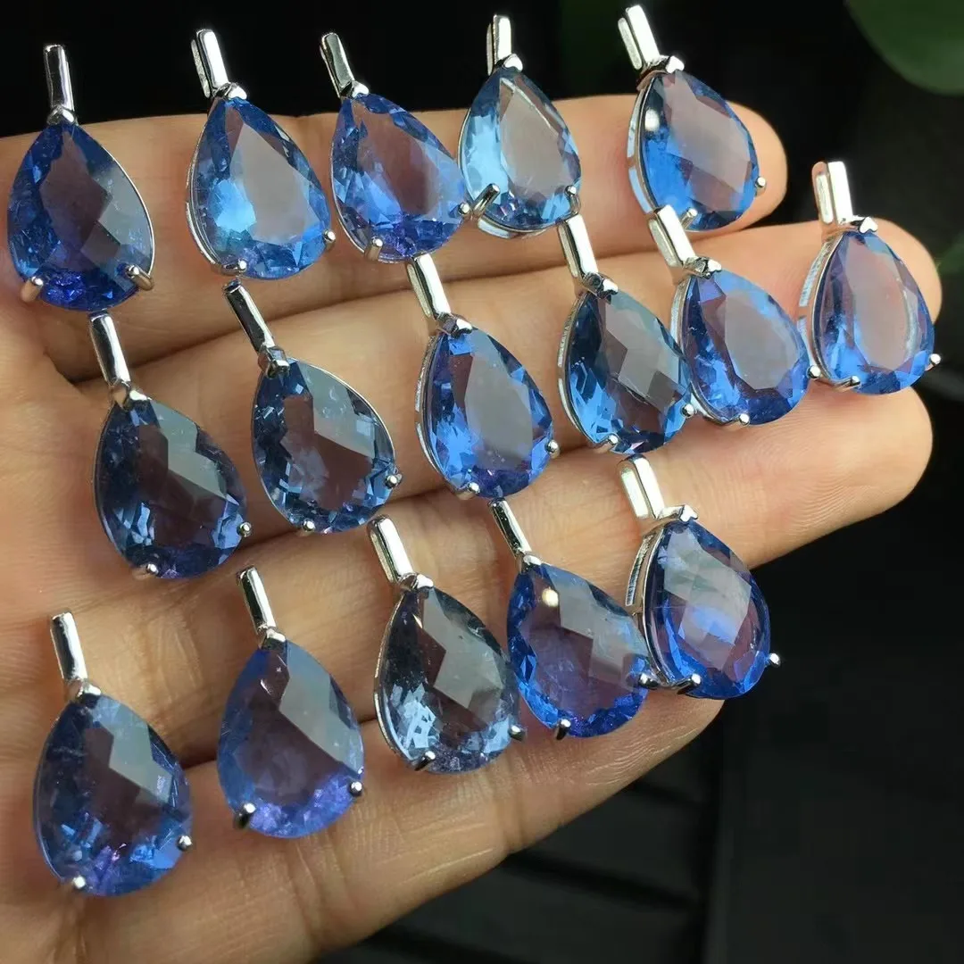 Unit One Piece 925 Silver Buckle With Good Quality Natural Blue Fluorite Crystal Healing Faceted Drop Shape Pendant