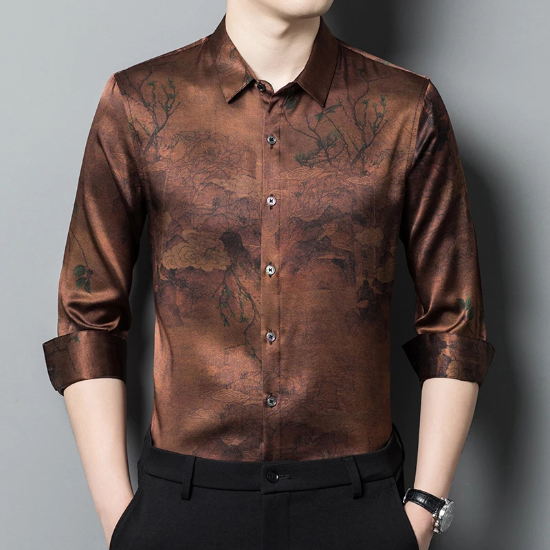 

Silk 90.8%&Spandex 9.2% Shirts For Men Long Sleeve Vintage Print Chinese Style Quality Skin-Friendly Easy Care Camisas De Hombre