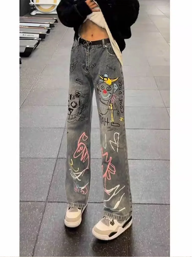 

American High Street Hand-Painted fiti Jeans Men's Autumn Winter Slimming Micro-flared Pants Youth Faion Denim Jeans