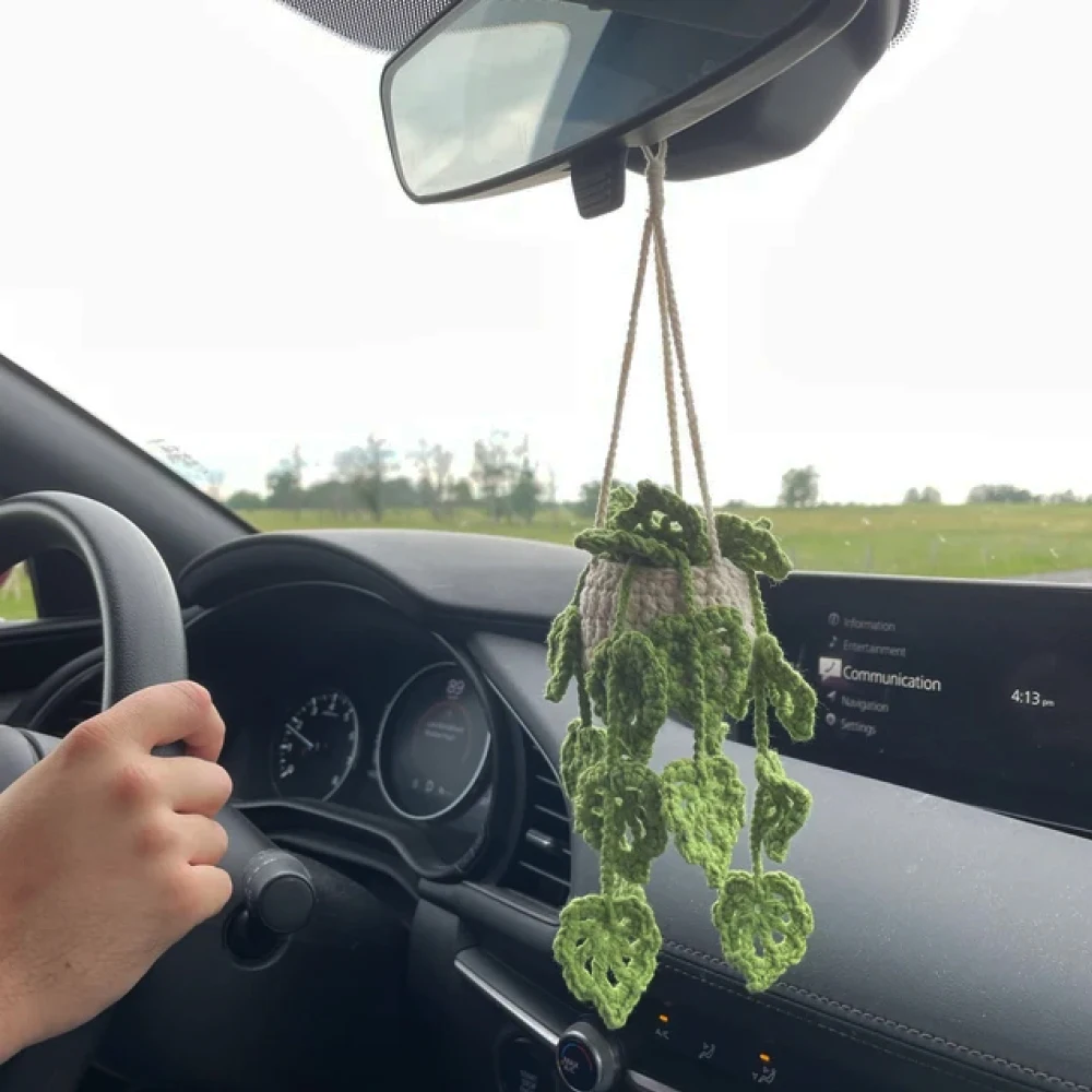 Handmade Crochet Car Plant Hanging Monstera Styling Mirror Decor Hanging Accessories For Women Succulent Car Plant Interior Deco