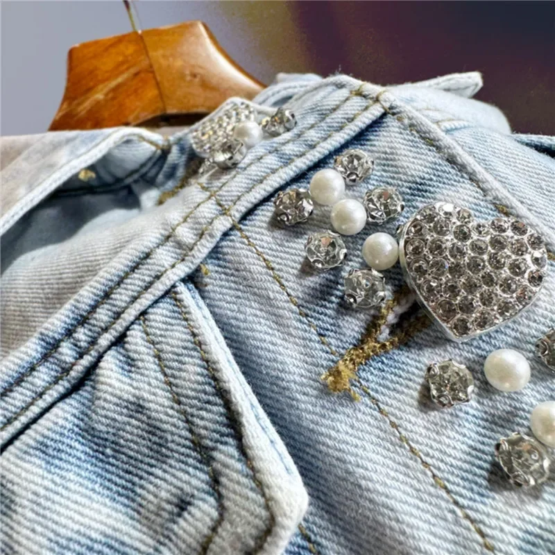 

Spring Summer Women New Light Blue Slim Short Denim Vest Fashion Pearl Beaded Diamond Lapel Sleeveless Cowboy Waistcoat Jacket