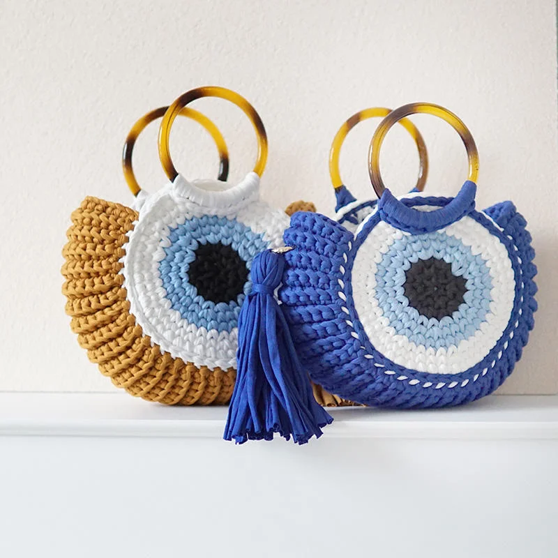 

Evils Eye Crossbody Bag Large Capacity Woven Ba Big Blue Eye Monster Handbag Leisure Beach Bag Handbag Handmade Crochet Tote Bag