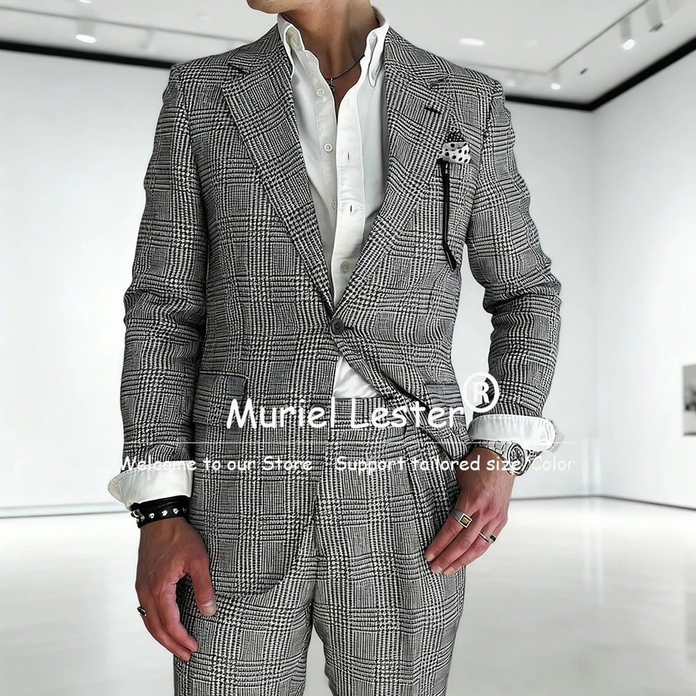 클래식 하운드투스 비즈니스 정장 남성 2피스 세트 싱글 브레스티드 재킷 바지 맞춤형 신랑 이브닝 디너 파티 턱시도