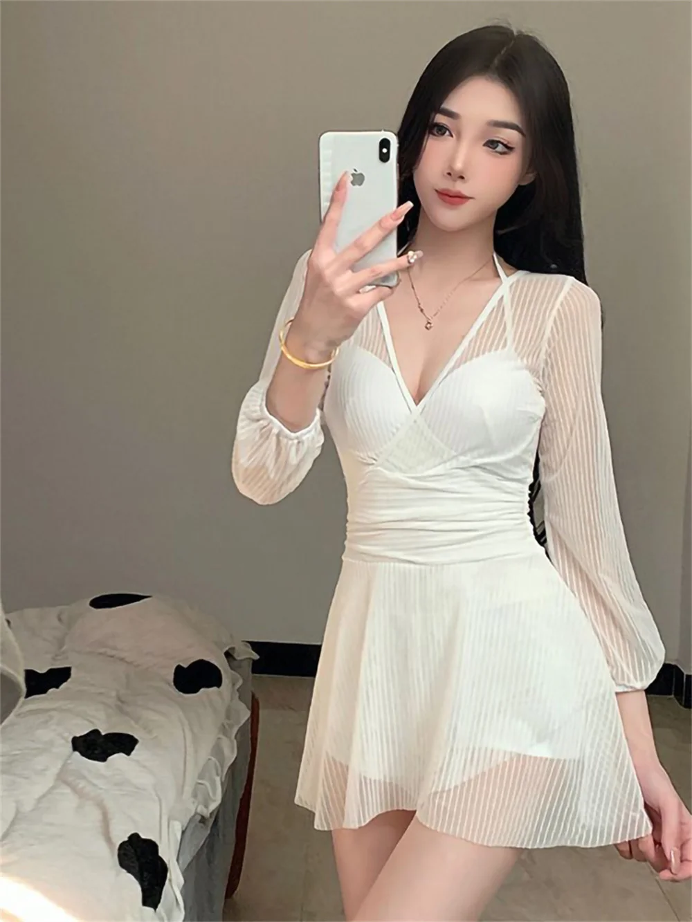 Swimwear Women's Summer 2024 new one-piece dress conservative lace long sleeve small breast steel support hot spring swimsuit