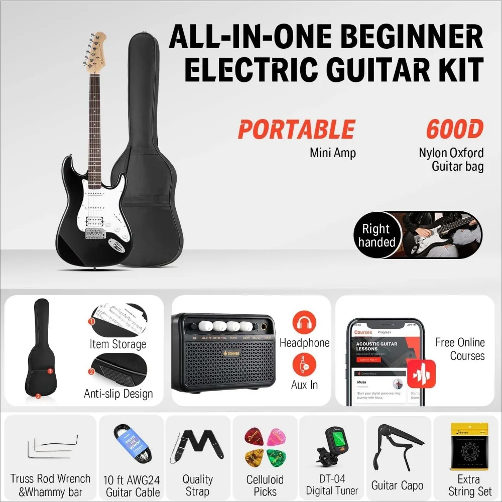 39 Inch Electric Guitar Beginner Kit Solid Body Full Size Black HSS for Starter, with Amplifier, Bag, Digital Tuner Freight free