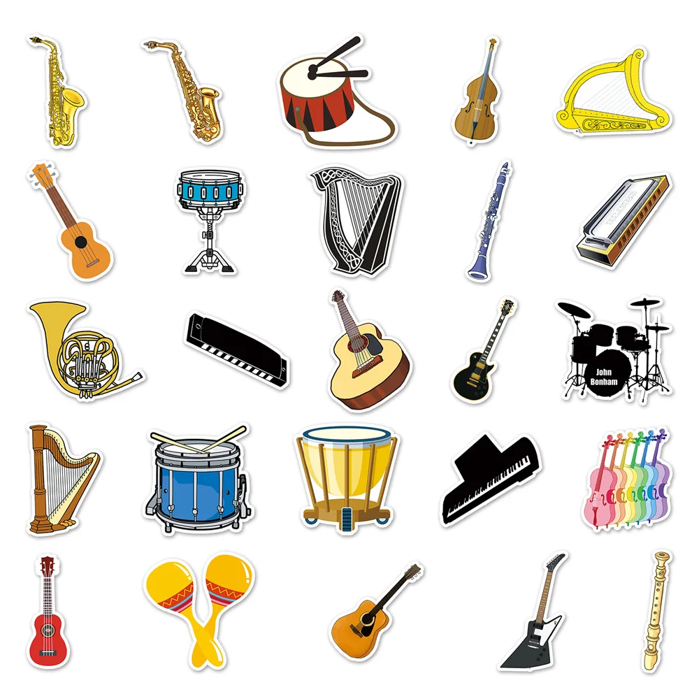 50PCS Cartoon Musical Instrument Guitar Drums Piano Sticker For Toys Luggage Laptop iPad Car Notebook Stickers