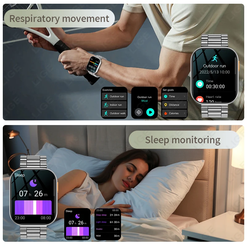 Reloj inteligente LIGE con batería grande de 1000mAh para exteriores, reloj inteligente con pantalla completamente táctil de 2,04 ", linterna LED, relojes inteligentes de salud y ritmo cardíaco