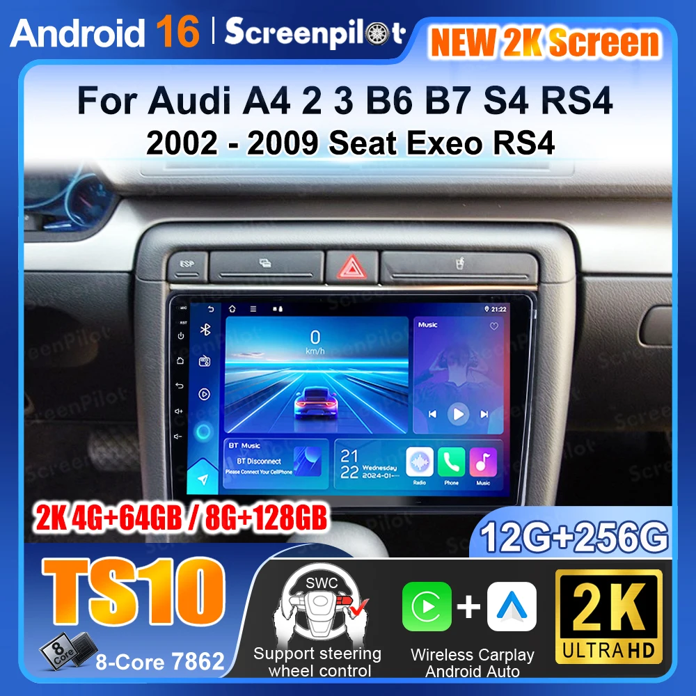 Reproductor Multimedia Estéreo con Android 16 y Video 5G para Audi A4 2 3 B6 B7 S4 RS4 2002 2003 2004 2005 2006 2007 2008 2009 Seat Exeo RS4