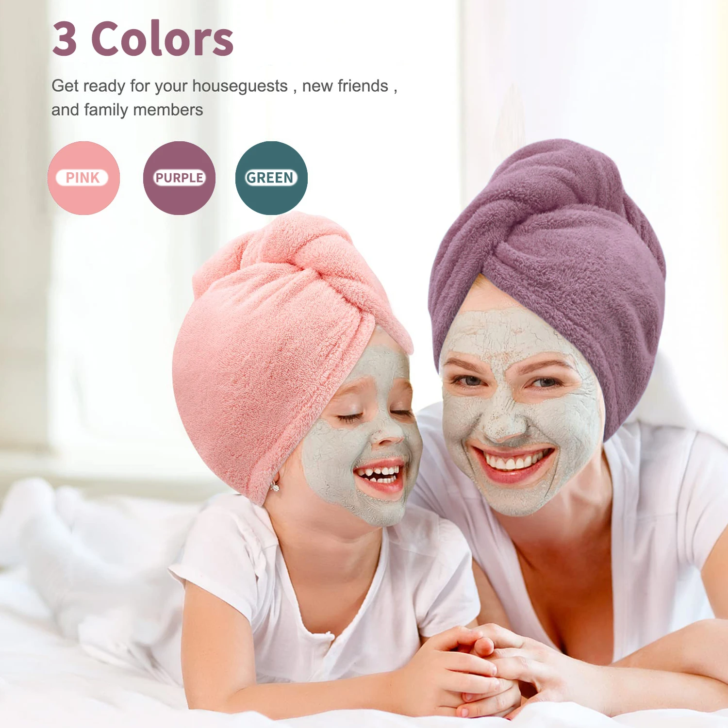 3 Packs Pink,Purple,Green Microfiber Hair Towel,Quick Dry Turbans for Wet Hair, Drying Wrap Towels Curly Women Anti Frizz