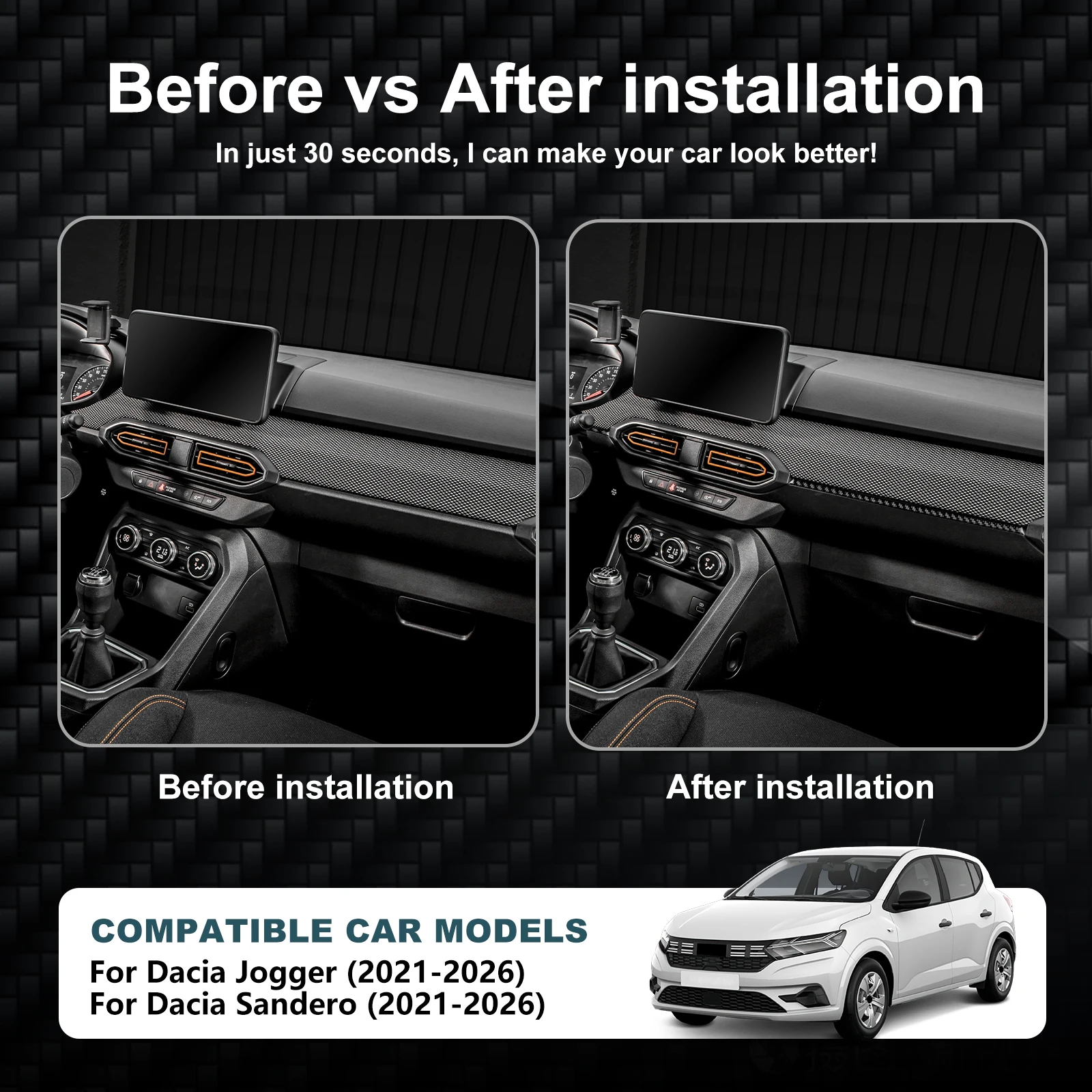 Car Instrument Panel Sticker For Dacia Jogger/Sandero 2021 2022 2023 2024 2025 2026 Real Soft Carbon Fiber Trim Accessories