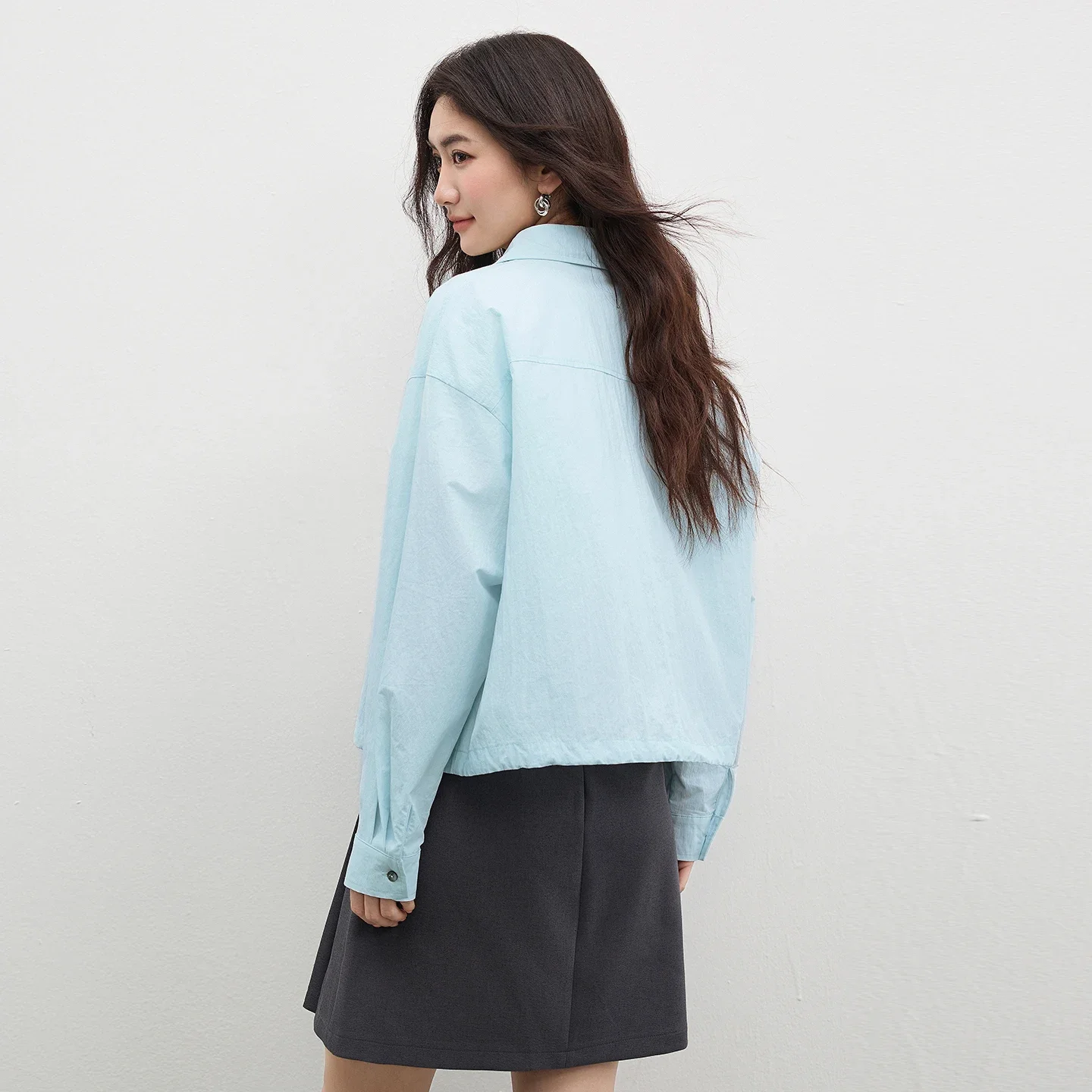 SENTUBILA Cotton Blend Blue Shirt Jacket for Women 2026 Spring Autumn Shacket Embroidered Letter Drawstring Loose Top W61WF5994