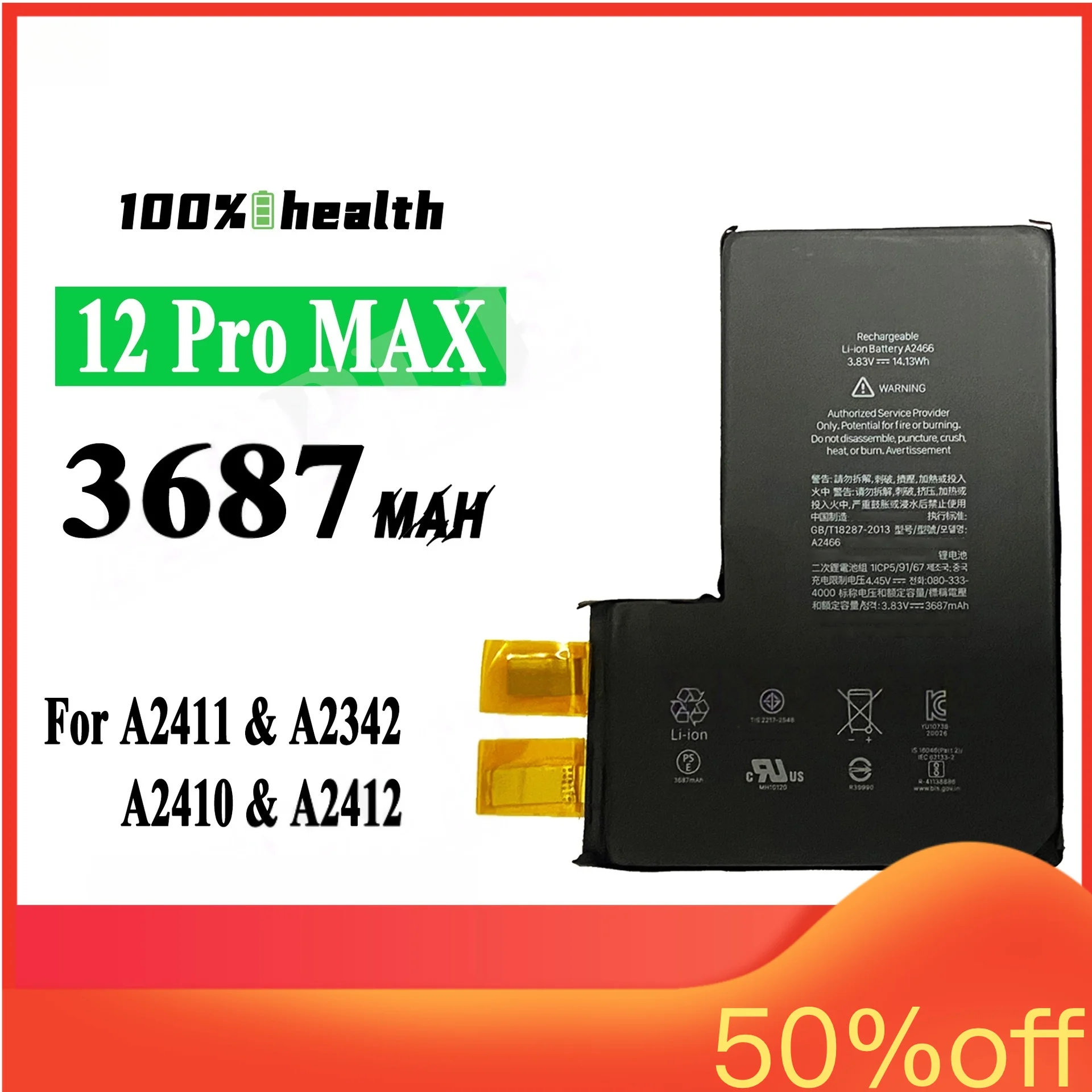 

For IPhone 12 Pro Max 3687mAh Mobile Battery for Apple A2411 A2342 A2410 A2412 High-quality 100% Healthy Lithium Battery