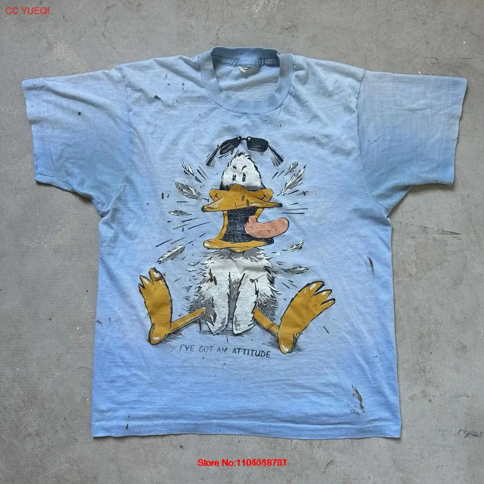 Attitude Duck T Shirt Vtg 80s Funny Thin Faded Blue Distressed Paint Single Med vintage Washed Casual Comfortable Versatile