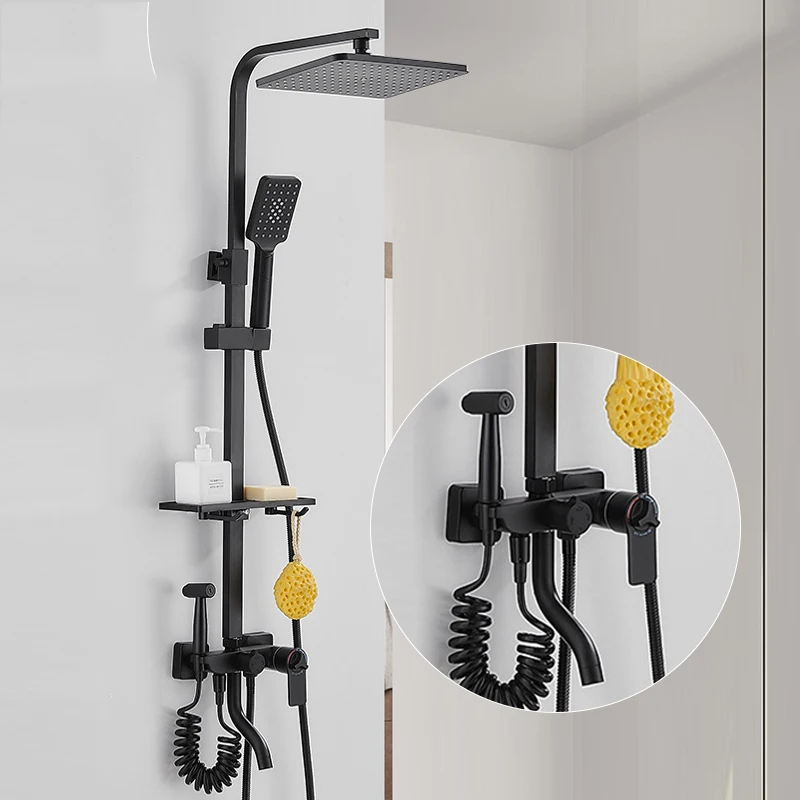 

Black Thermostatic Brass Shower Faucet Bathroom Shower Set Hot Cold Shower Mixer Crane Rain Shower Column