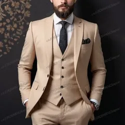 Beige Formal Occasion Business Men Suit Groom Groomsman Wedding Party Prom Tuxedos Male Costume 3 Piece Set Blazer Vest Pants