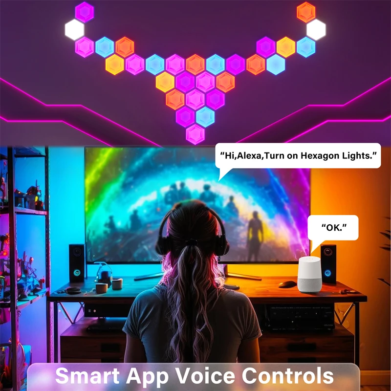 LED Hexagon Indoor Wall Lamp, App Controle Remoto, Night Light, sala de jogos de computador, quarto, decoração de cabeceira, RGB, Wi-Fi, 1-20Pcs